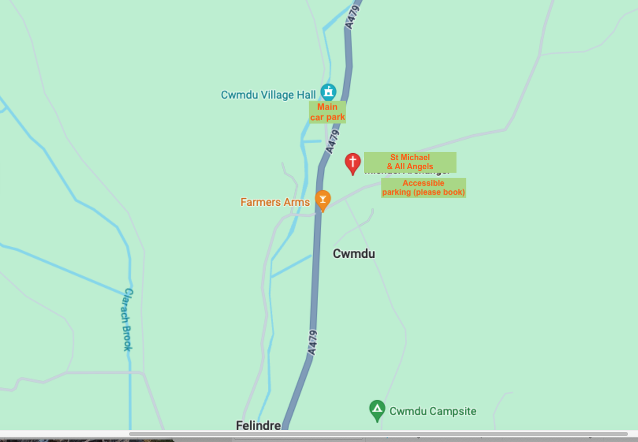Map showing location of parking close to St Michael and All Angels, Cwmdu