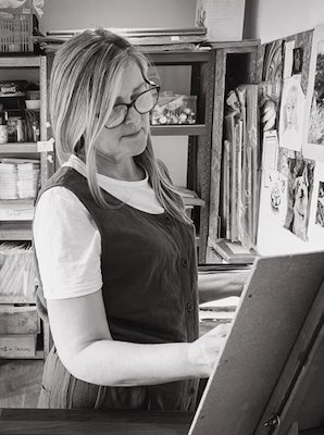 Rebecca 'Becky' Way, Artist painting in a room lined with artwork